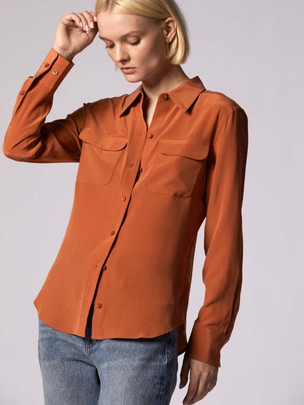 Equipment Signature Slim Fit Orange Silk Button Up Shirt Size XXS